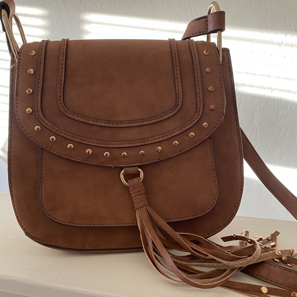 Caramel Brown Crossbody Bag with Studded Flap